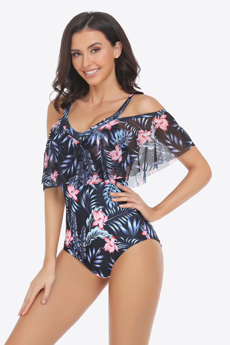 Botanical Print Cold-Shoulder Layered One-Piece Swimsuit