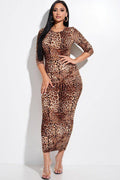 Animal Print 3/4 Sleeve Midi Dress With Back Cut Out - AM APPAREL