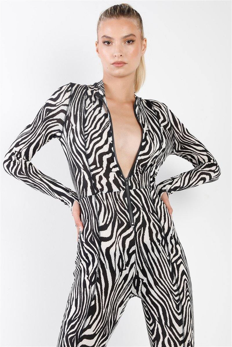 Black & White Zebra Print Fitted Catsuit / Jumpsuit - AM APPAREL