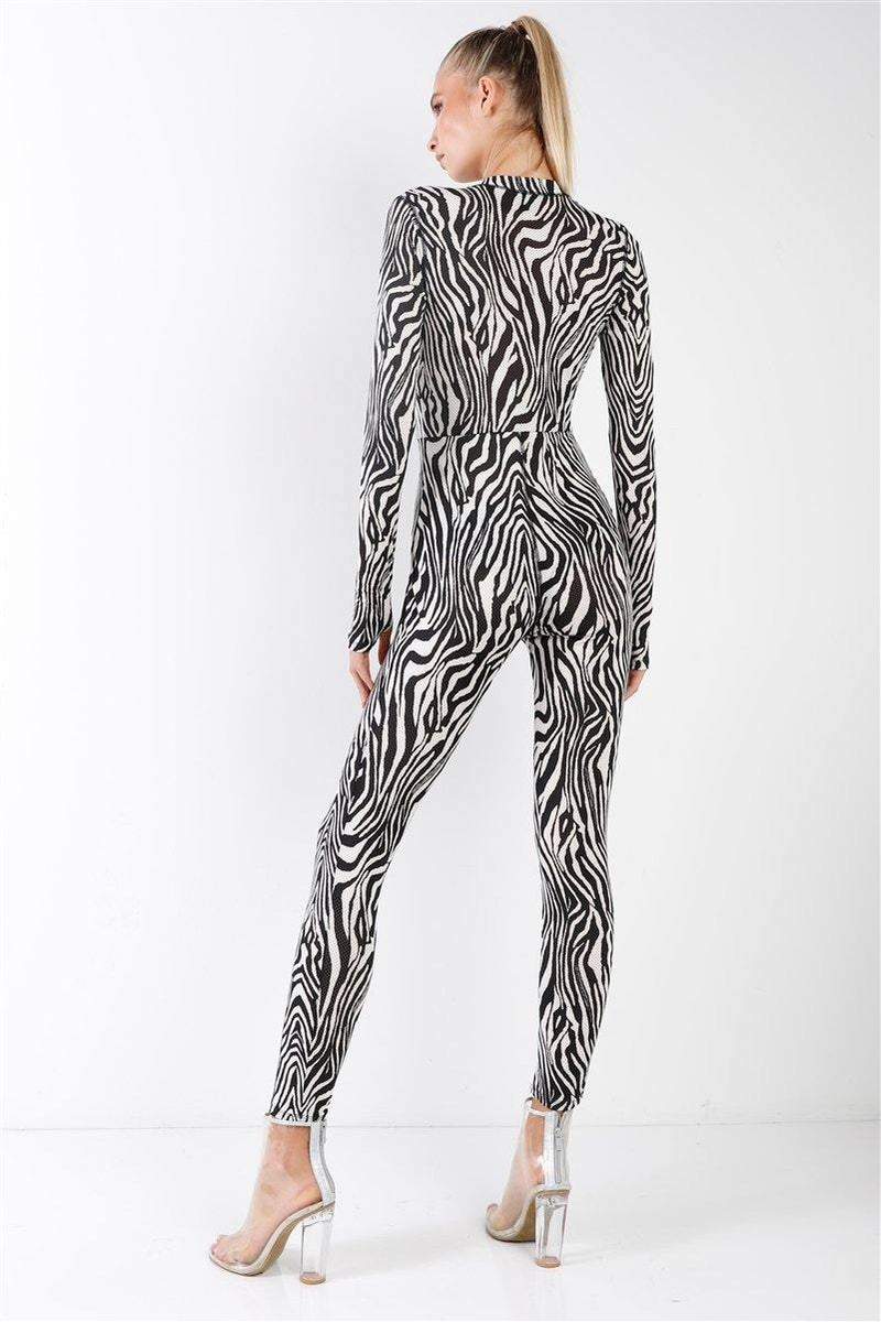 Black & White Zebra Print Fitted Catsuit / Jumpsuit - AM APPAREL