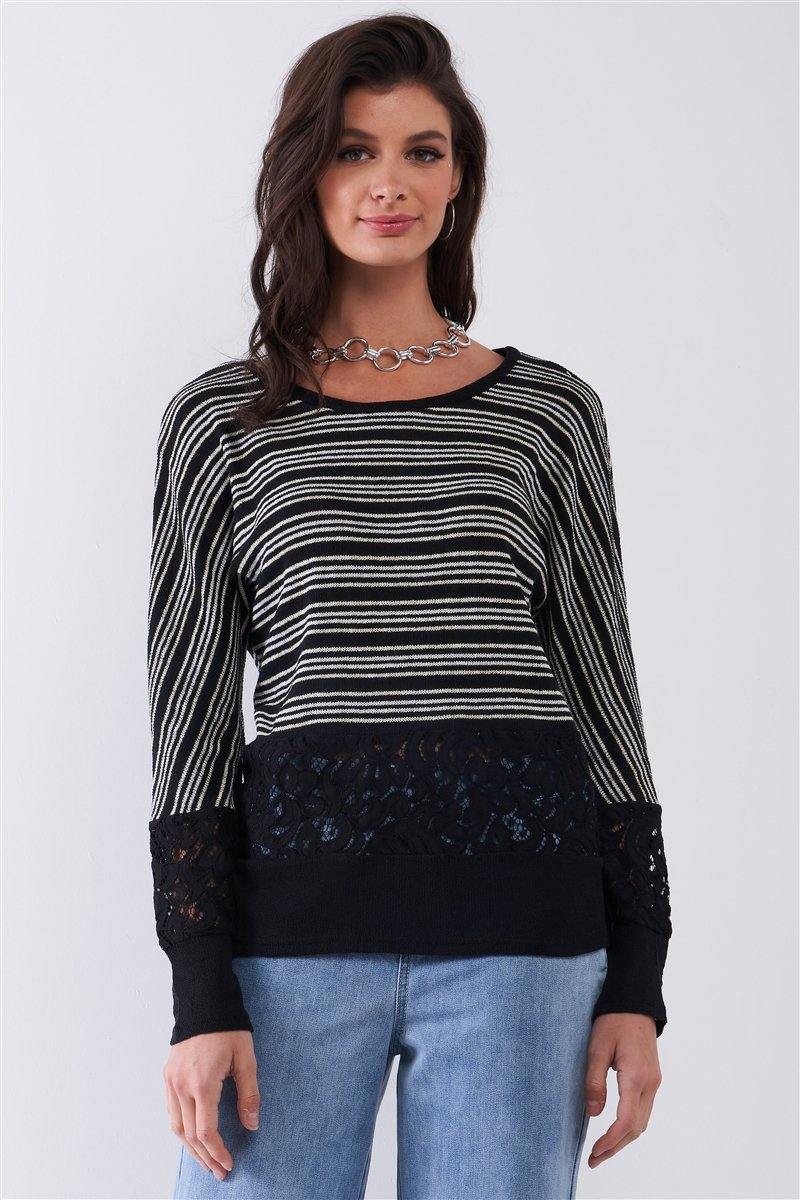 Black Striped Glitter Weave Crochet Trim Detail Long Sleeve Sweater Top - AM APPAREL