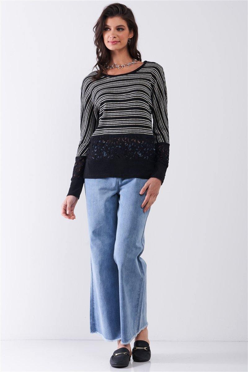 Black Striped Glitter Weave Crochet Trim Detail Long Sleeve Sweater Top - AM APPAREL