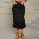 Jupe mi-longue en jean fendue froncée à cordon de serrage