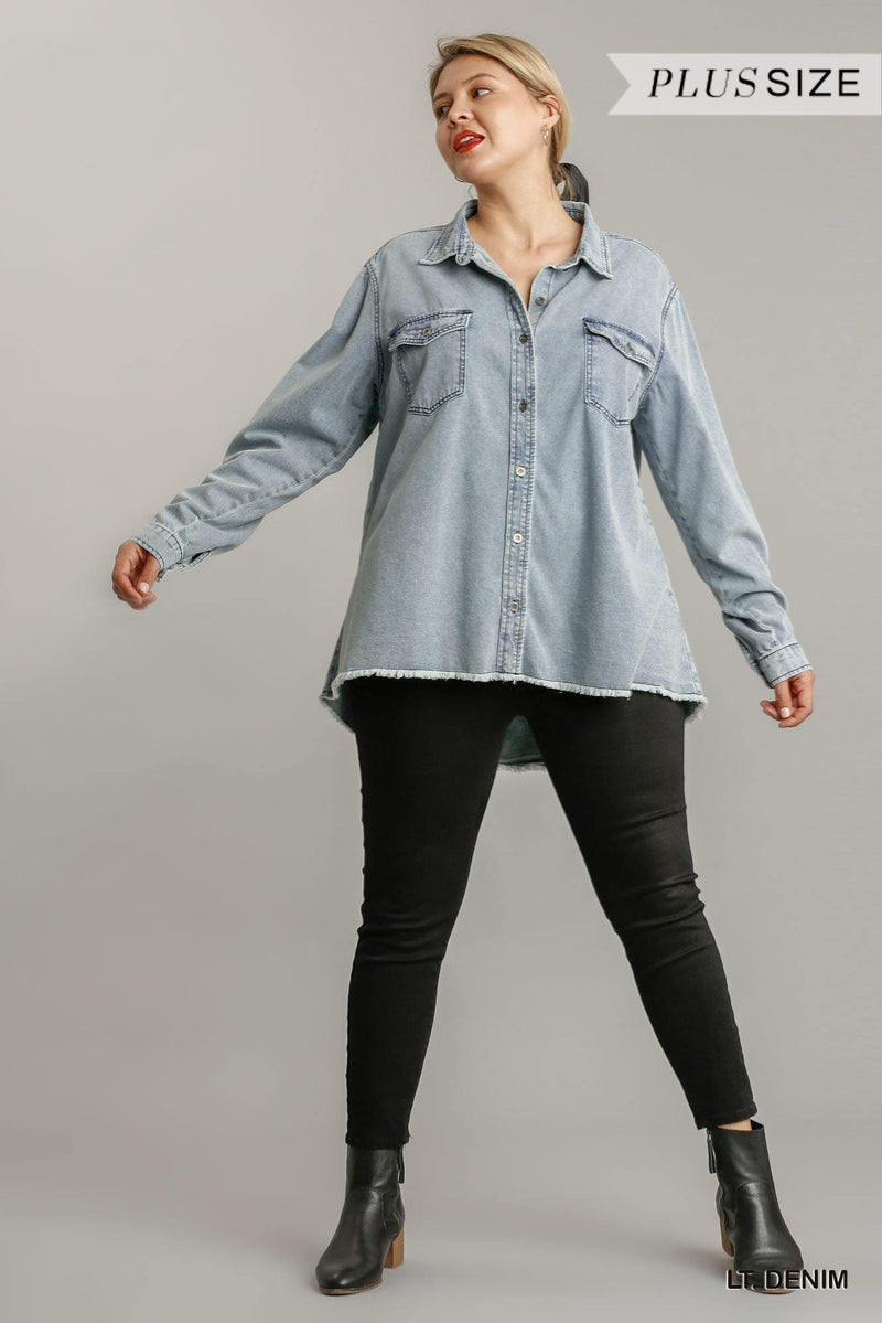 Chest Pockets Collar Button Down Denim Jacket With Unfinished High Low Hem - AM APPAREL