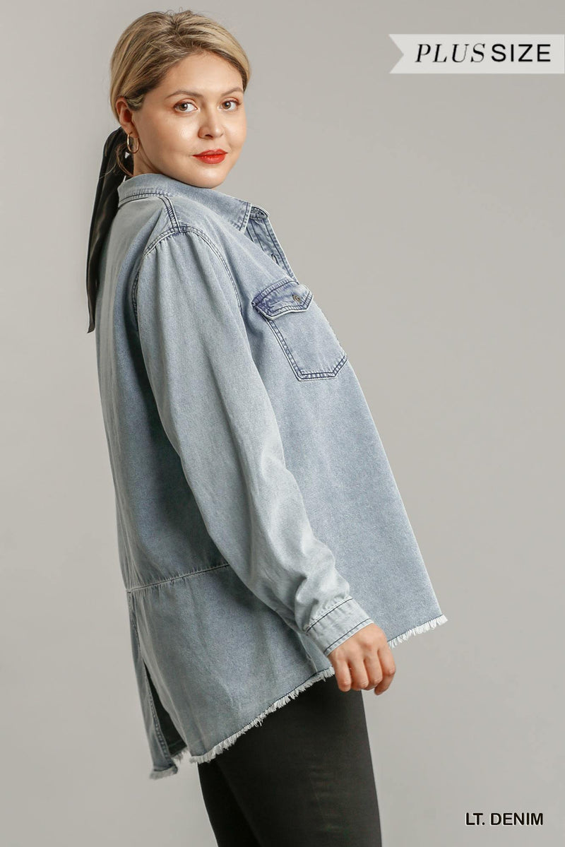 Chest Pockets Collar Button Down Denim Jacket With Unfinished High Low Hem - AM APPAREL