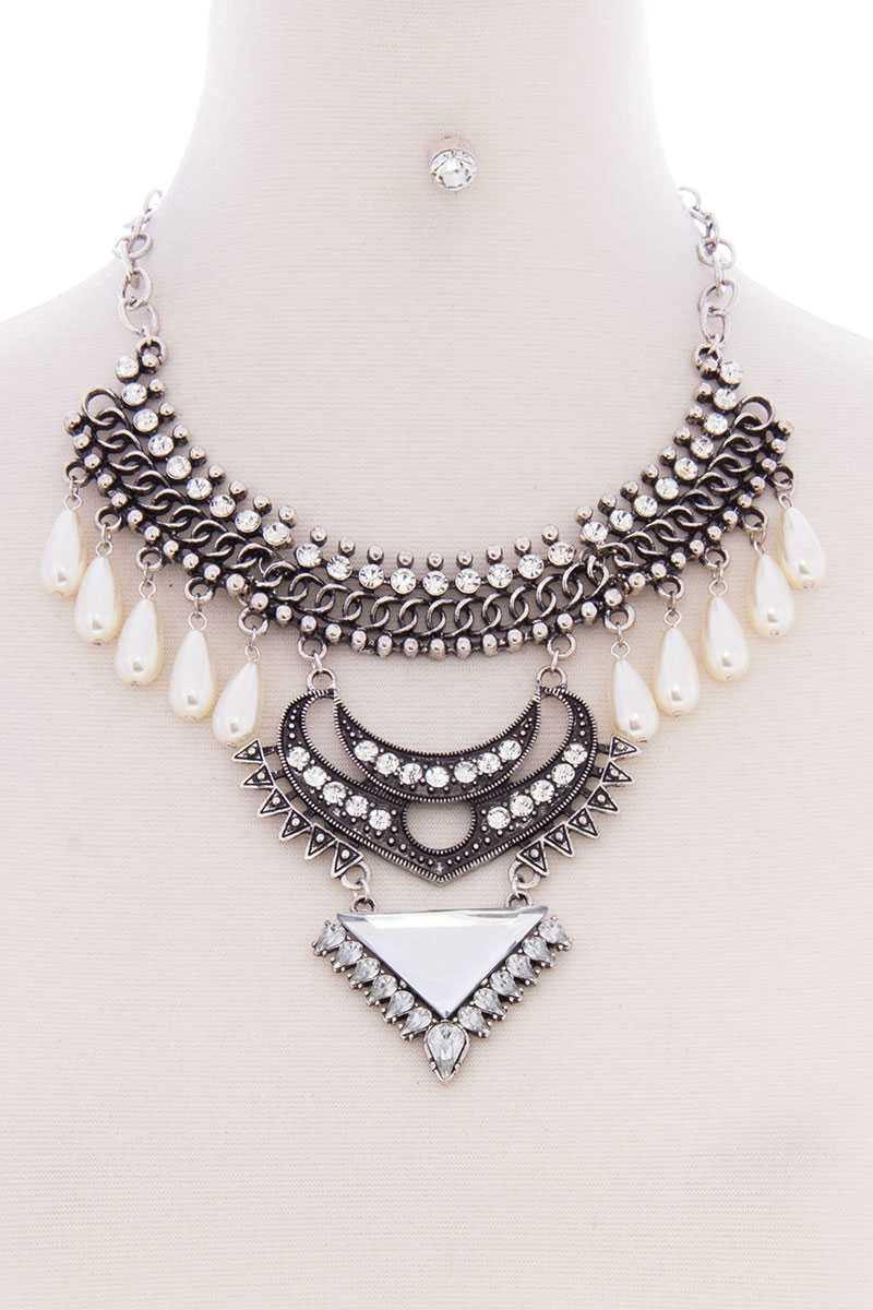 Chunky Pearl Antique Stone Boho Bohemian Statement Necklace Earring Set - AM APPAREL