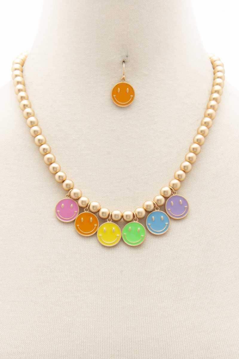 Colorful Happy Face Ball Bead Necklace - AM APPAREL