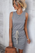 Contrast Drawstring Waist Sleeveless Mini Dress - AM APPAREL