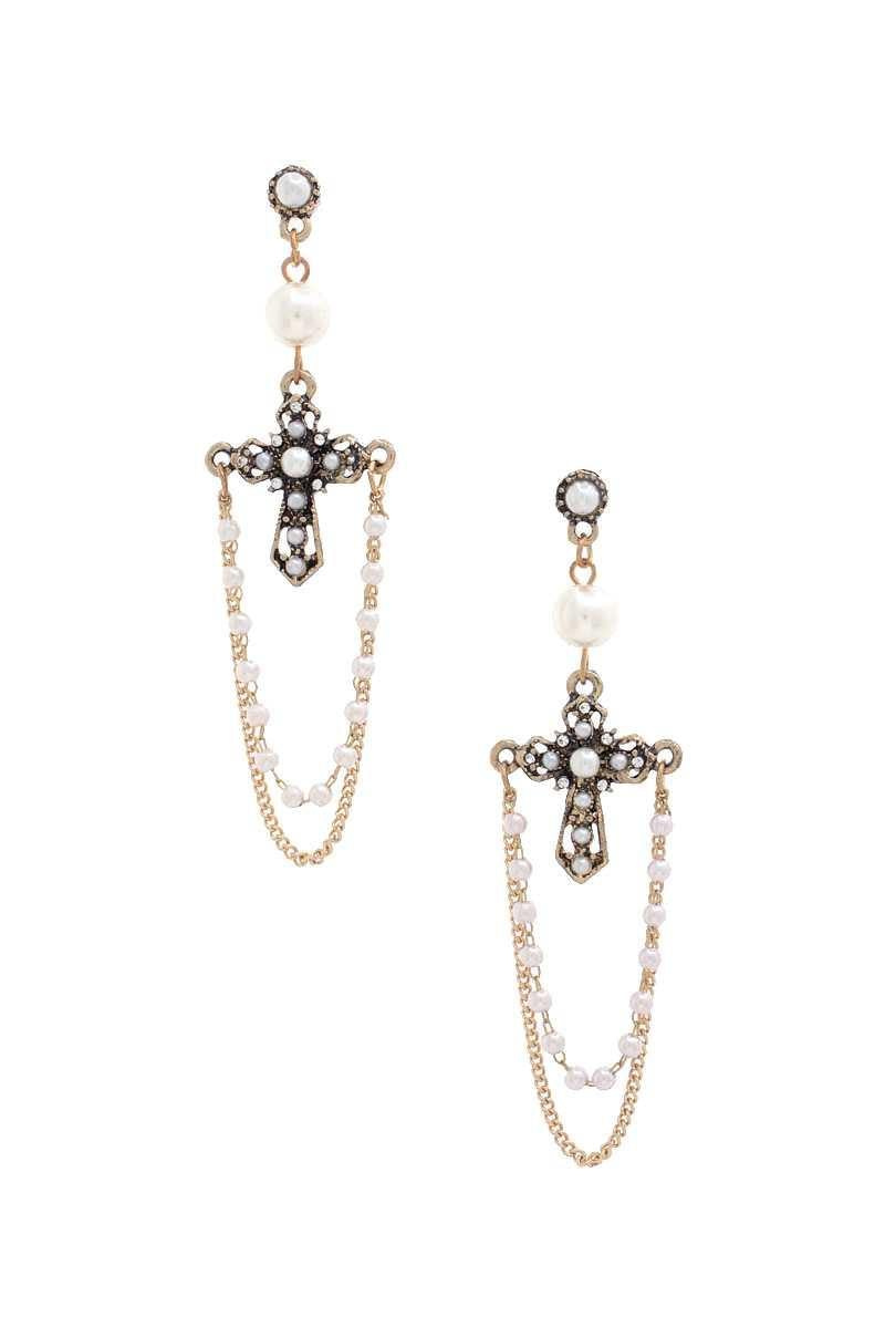 Cross Pearl Bead Dangle Earring - AM APPAREL