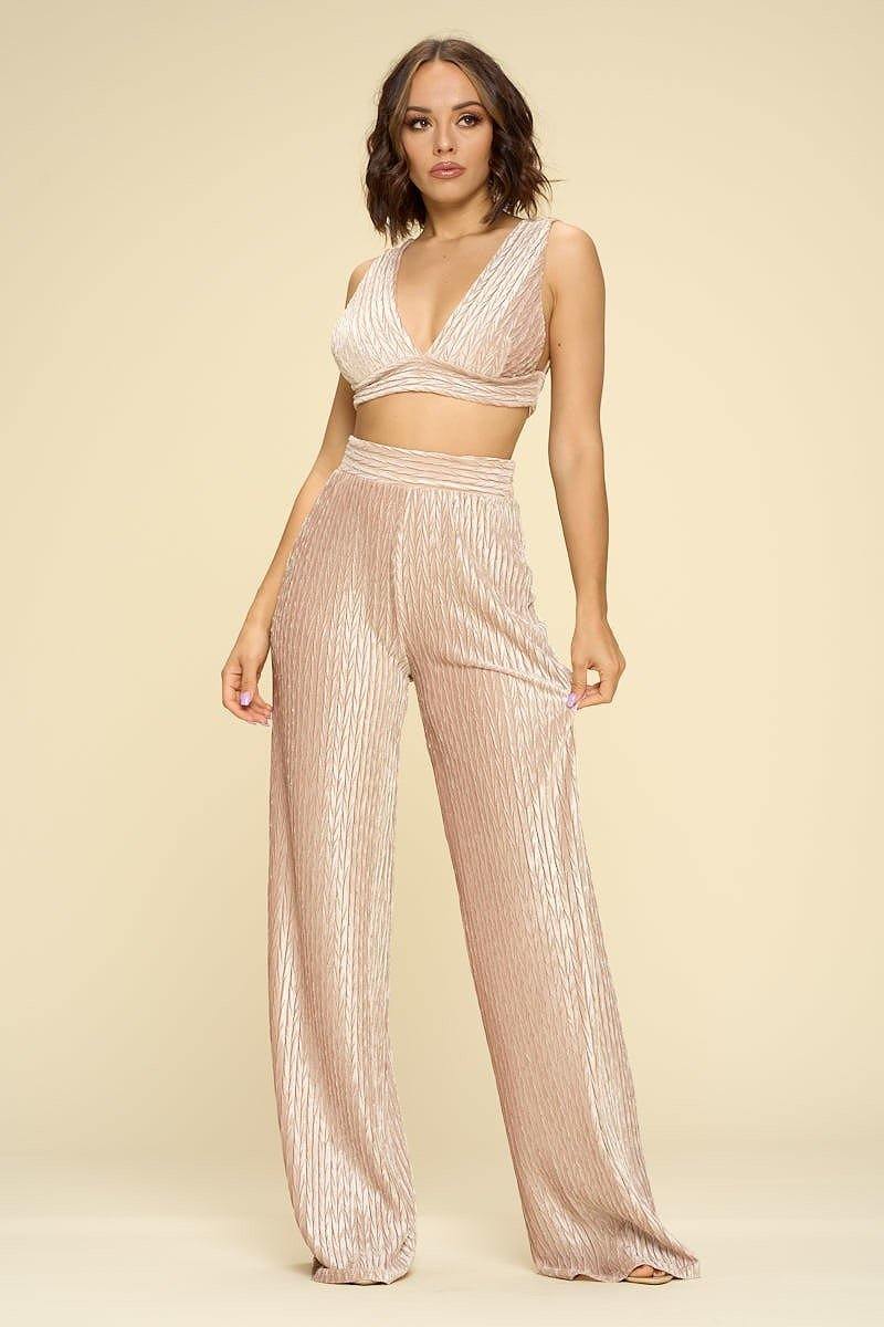 Crushed Velvet Plunging Neck Tank Top And High Waist Palazzo Pants Set - AM APPAREL