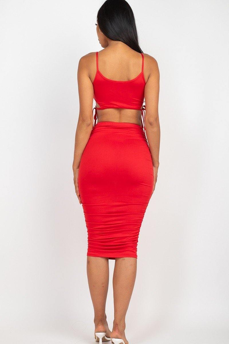 Cut-out Tie Side Crop Top & Ruched Midi Skirt Set - AM APPAREL