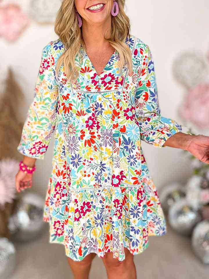 V-Neck Floral Print Long Sleeve Mini Dress