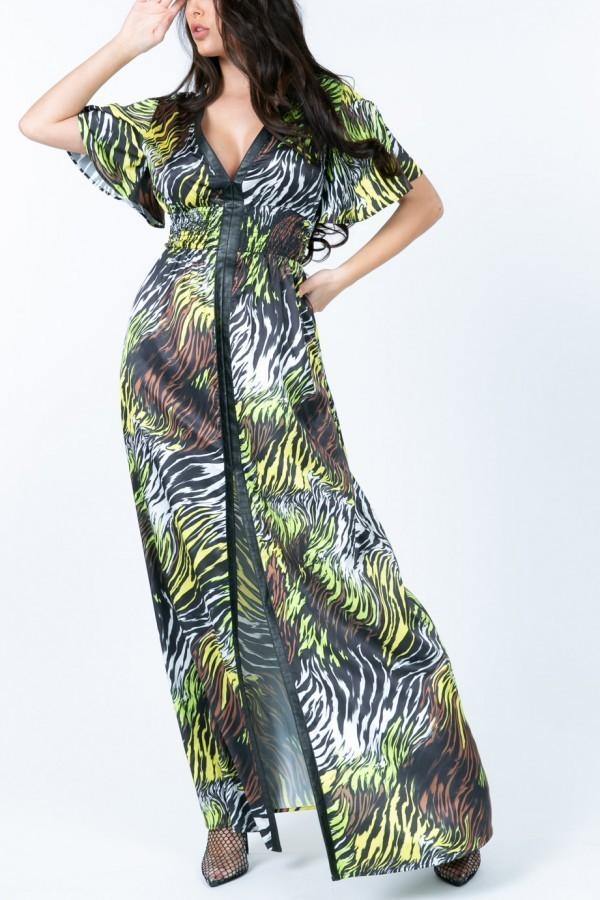 Deep V Neck Slit Zebra Print Long Dress - AM APPAREL