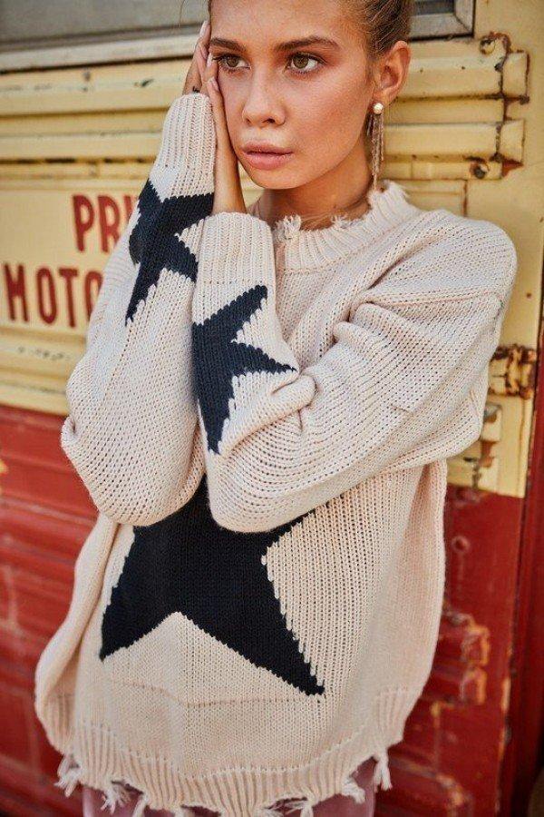 Distressed Round Neck Long Sleeve Star Print Loose Fit Sweater - AM APPAREL