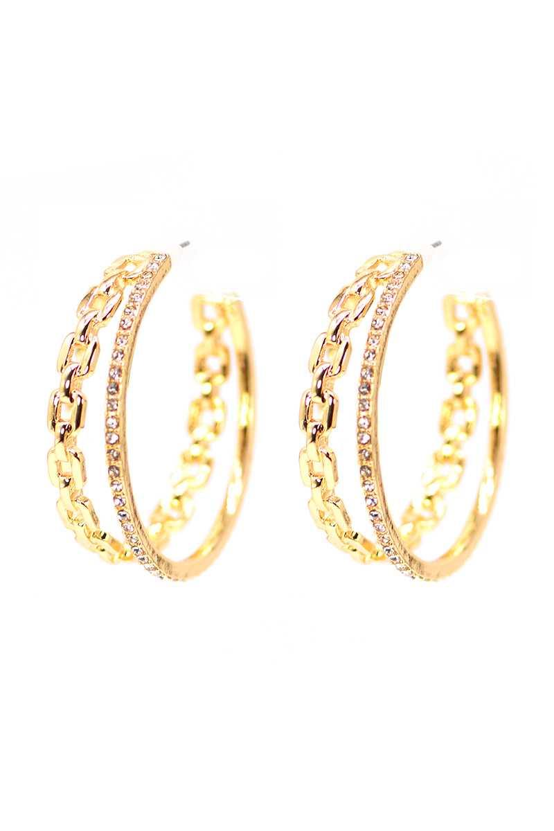 Double Chain And Rhinestone Ring Open Metal Hoop Earring - AM APPAREL
