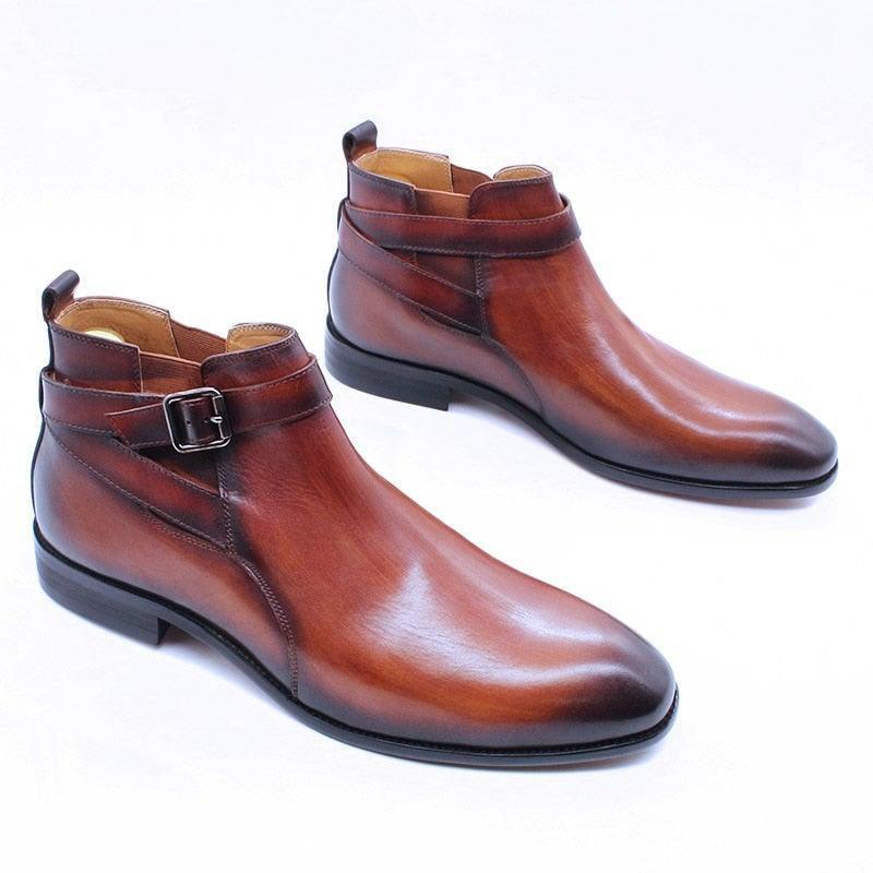 DW Men's Luxurious Buckle Strap Genuine Leather Boots - AM APPAREL