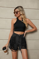 Short en denim usé avec franges et poches