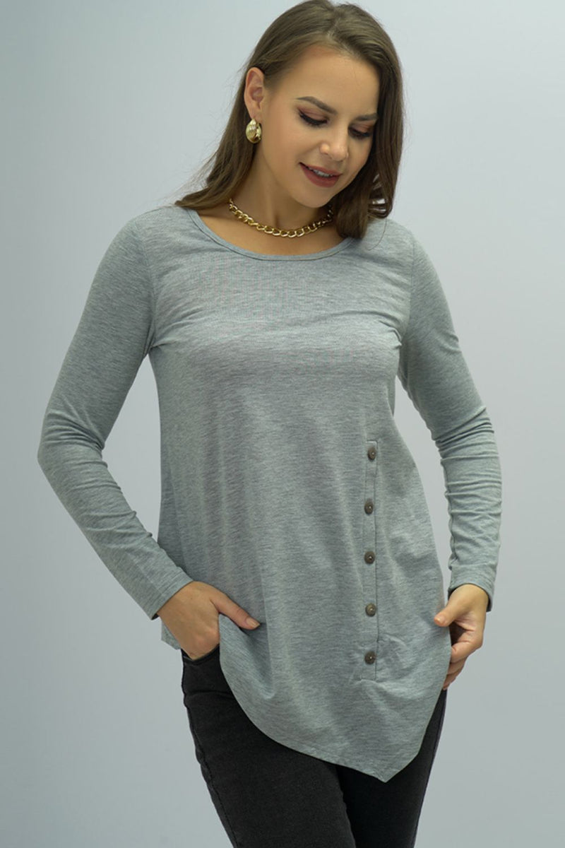 Buttoned Long Sleeve Round Neck Tee