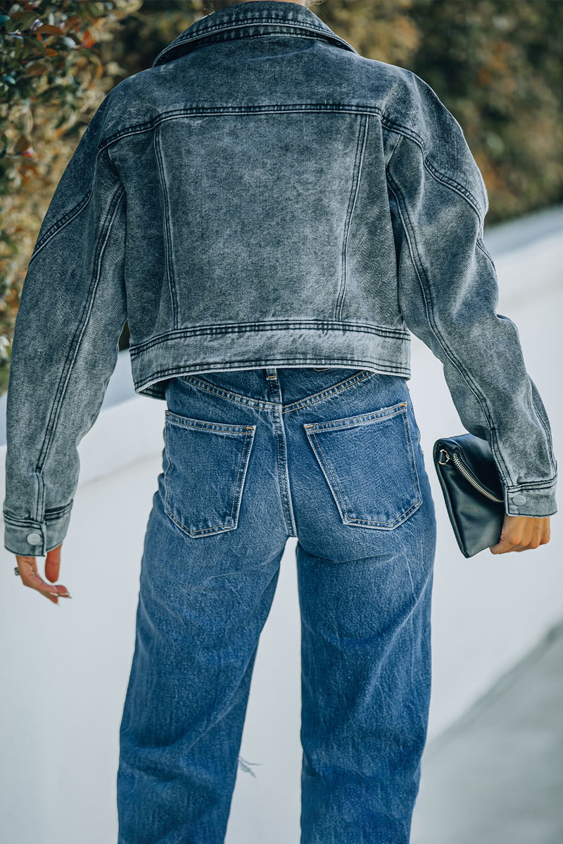 Veste en jean courte à col à revers et délavé à l'acide