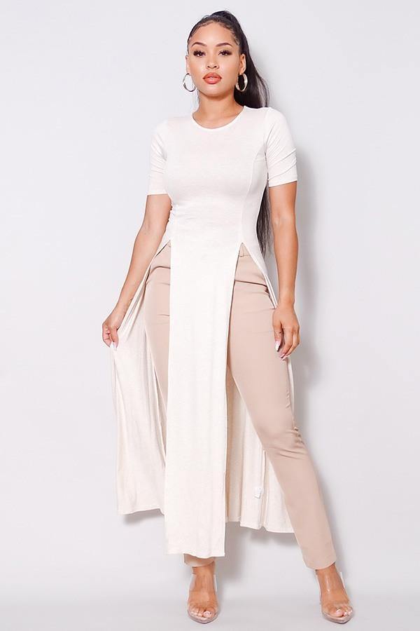 Elbow Sleeve Long Maxi Tank Top With Side Slits - AM APPAREL