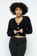 Eyelash Knit Cropped Cardigan With Pearl Button Details - AM APPAREL