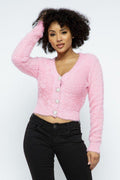 Eyelash Knit Cropped Cardigan With Pearl Button Details - AM APPAREL