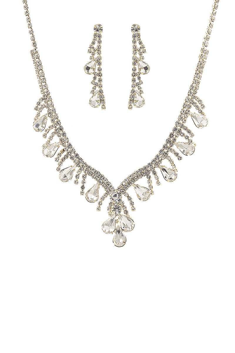 Fashion Crystal Gem Tear Shape Necklace And Earring Set - AM APPAREL