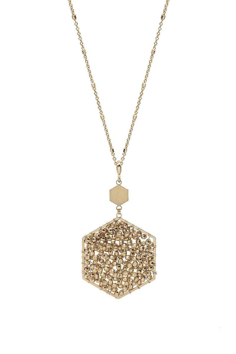 Fashion Glass Bead Hexagon Pendant Long Necklace - AM APPAREL