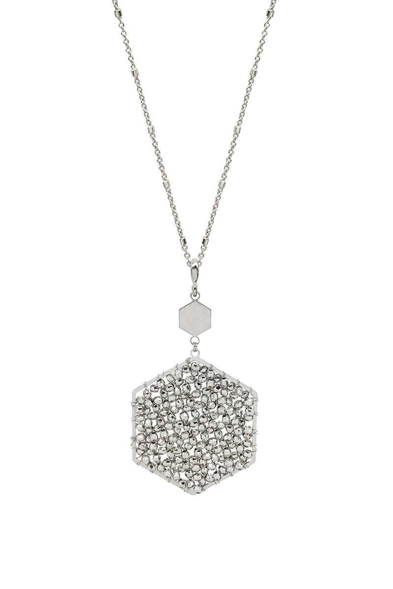 Fashion Glass Bead Hexagon Pendant Long Necklace - AM APPAREL
