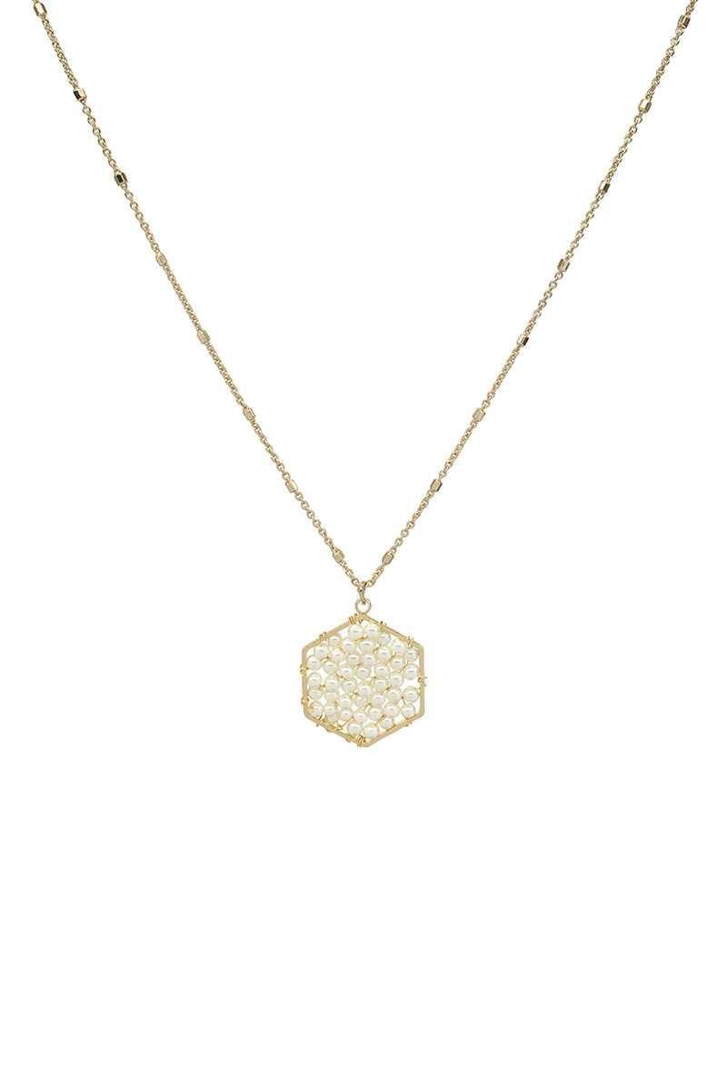 Fashion Pearl Wraps Hexagon Pendant Necklace - AM APPAREL