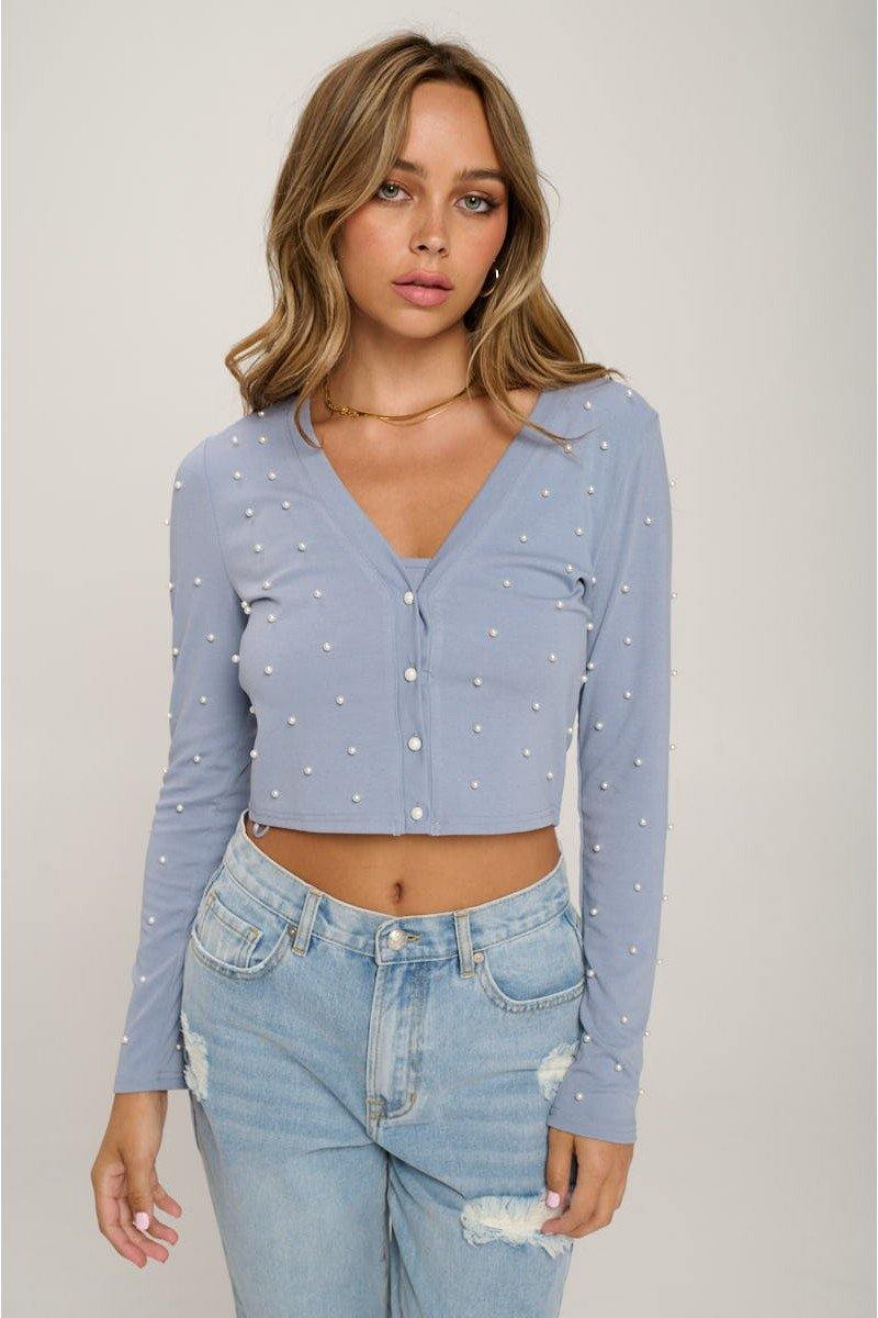 Faux Pearl Crop Top And Cardigan Set - AM APPAREL