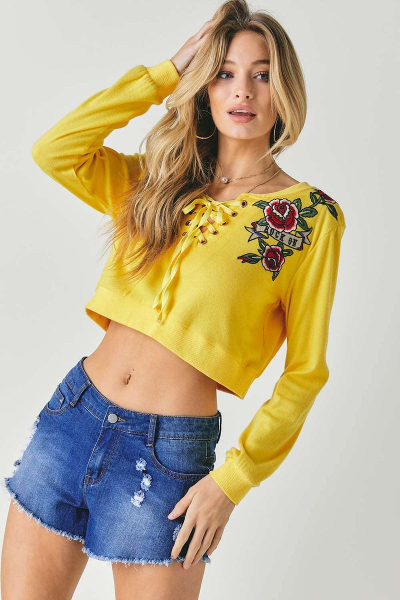 Floral Embroidered Cropped Sweatshirt - AM APPAREL