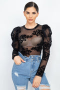 Floral-embroidered Long Puff Sleeves Top - AM APPAREL