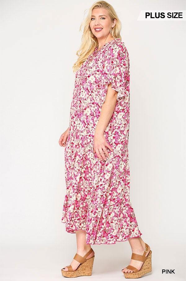 Floral Frill Detail Flowy Maxi Dress With Neck Tie - AM APPAREL