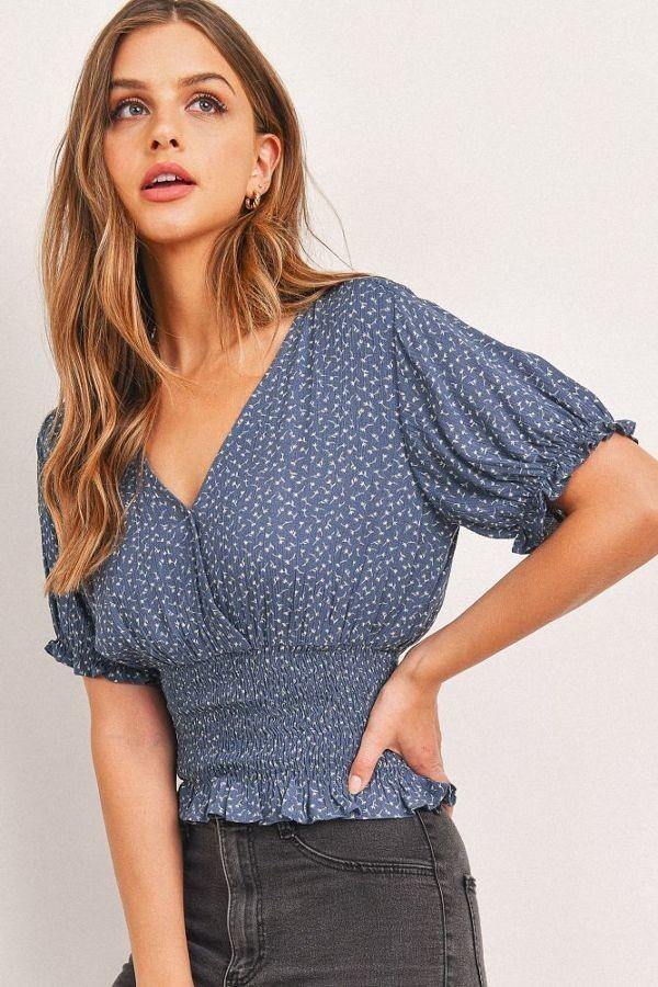 Floral Print Puff Sleeves Top - AM APPAREL