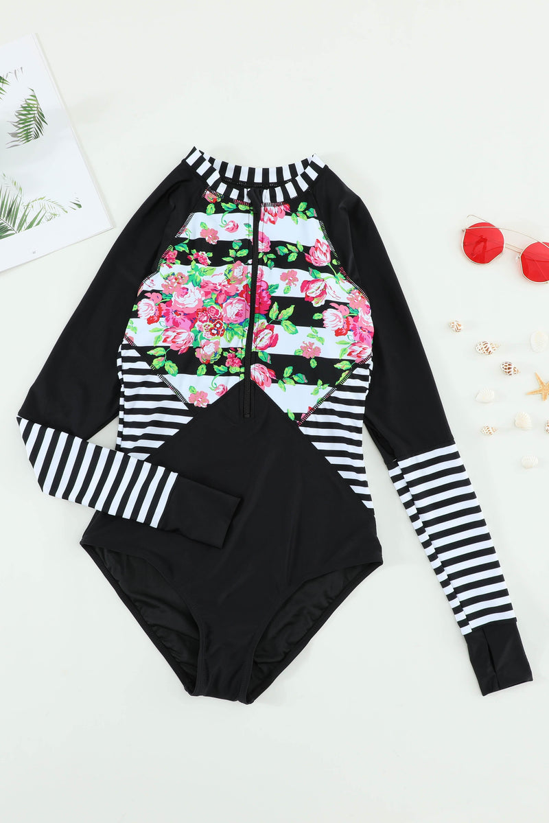 Floral Striped Patchwork Rashguard One-piece - AM APPAREL