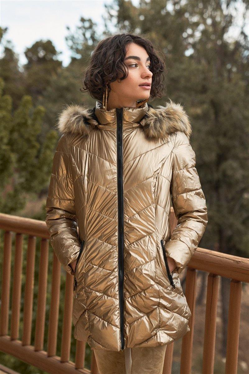 Glossy Finish Fitted Faux Fur Jacket - AM APPAREL