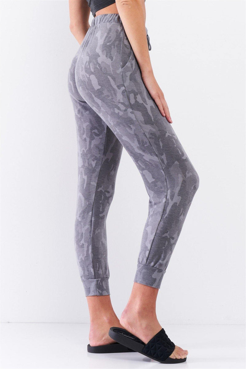 Grey Camo Print Loose Fit High-waisted Elasticated Self-tie Drawstring Waistline Track Pants - AM APPAREL
