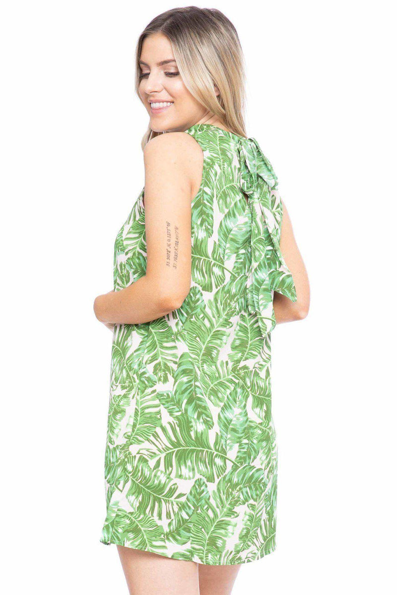 Hawaiian Leaf Print, Sleeveless, A-line Dress - AM APPAREL