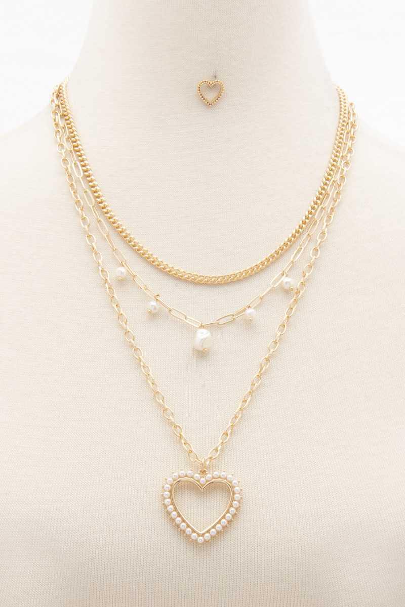 Heart Pearl Edge Charm Layered Necklace - AM APPAREL