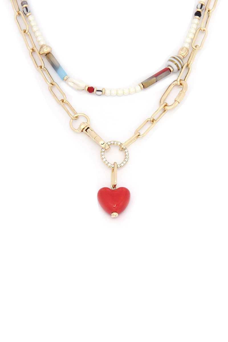 Heart Shape Oval Link Beaded Layer Necklace - AM APPAREL