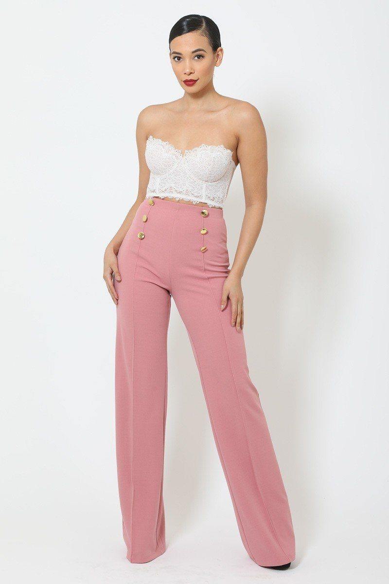 High-waist Crepe Pants With Buttons - AM APPAREL