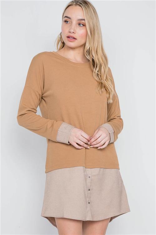 Knit Combo Long Sleeve Sweater Dress - AM APPAREL