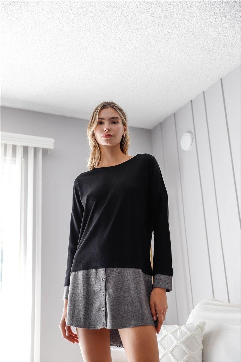Knit Combo Long Sleeve Sweater Dress - AM APPAREL