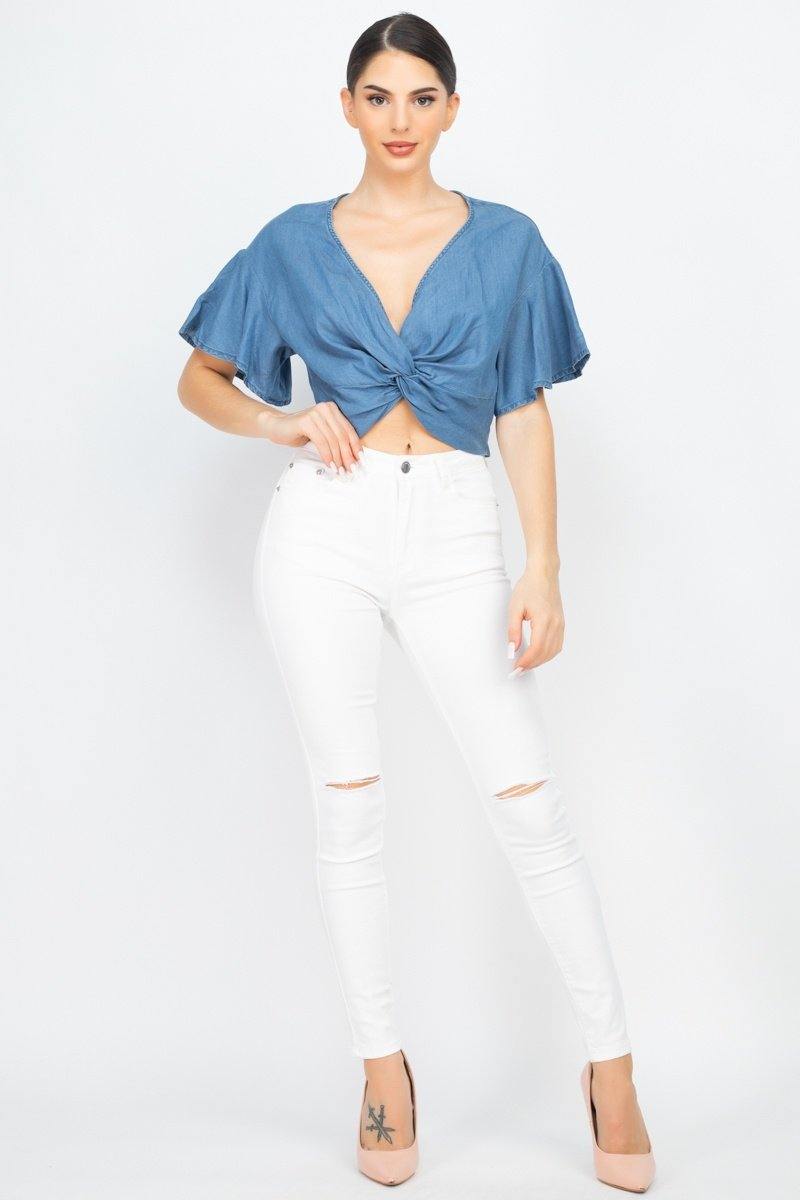Knotted V-neck Crop Top - AM APPAREL