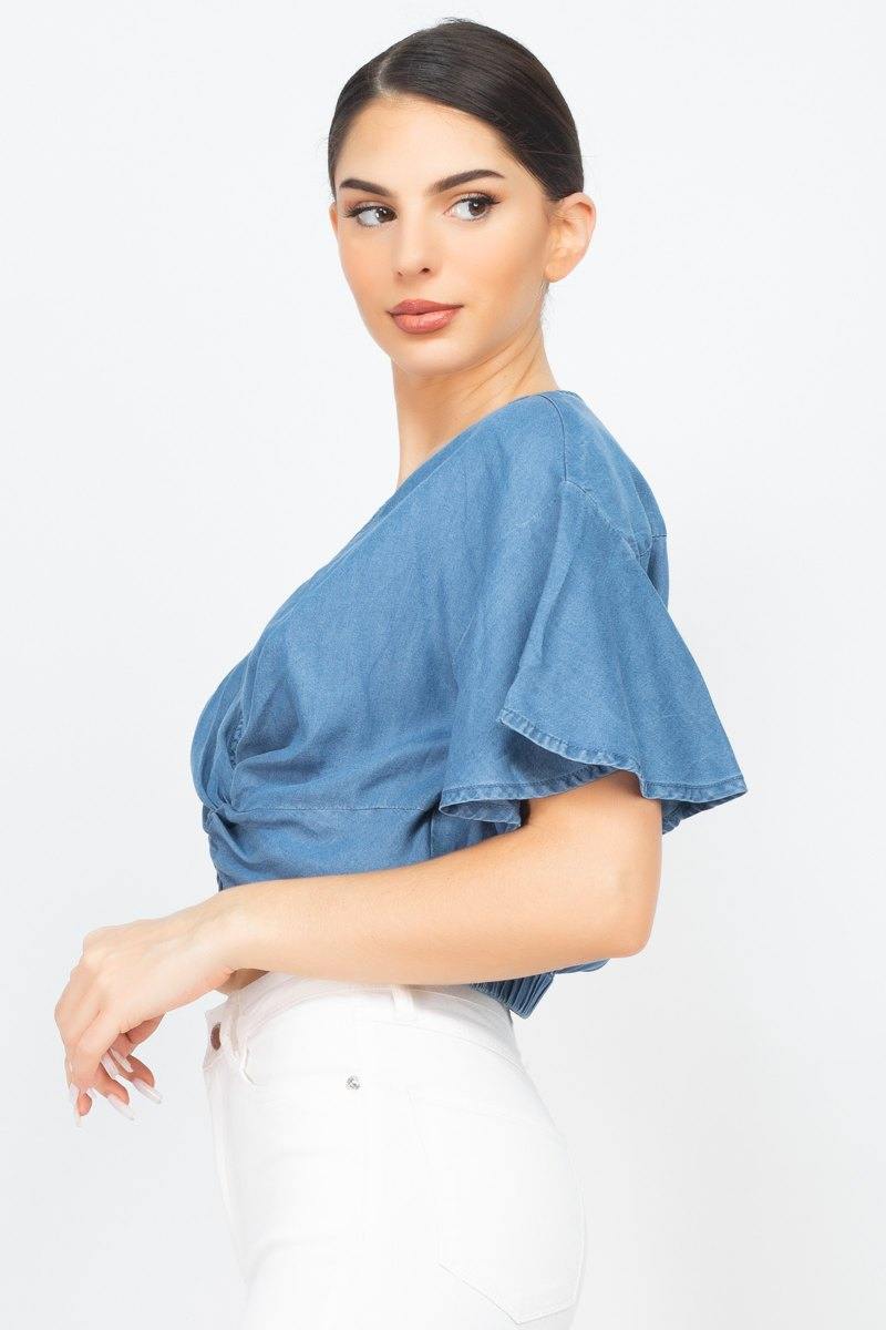 Knotted V-neck Crop Top - AM APPAREL