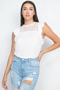 Lace Illusion Flutter Sleeves Top - AM APPAREL