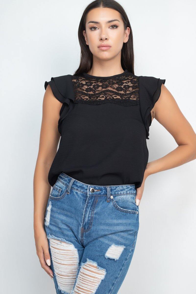 Lace Illusion Flutter Sleeves Top - AM APPAREL