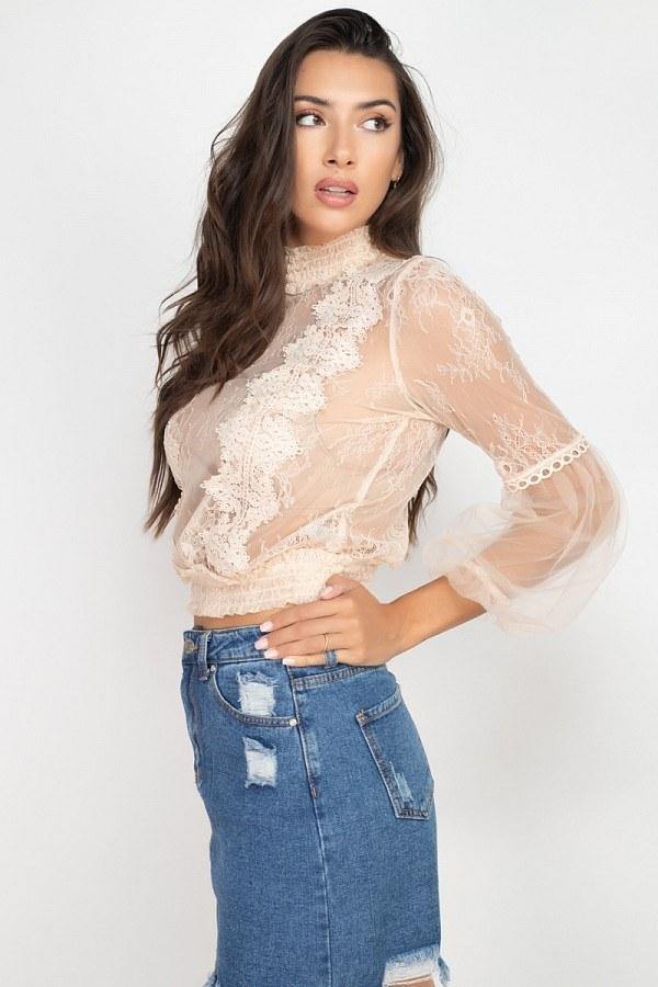 Lace Trim Balloon Sleeve Smocked Top - AM APPAREL