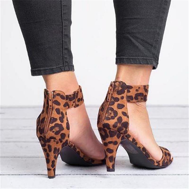 Leopard Buckle Strap Ladies High Heels Sandal - AM APPAREL